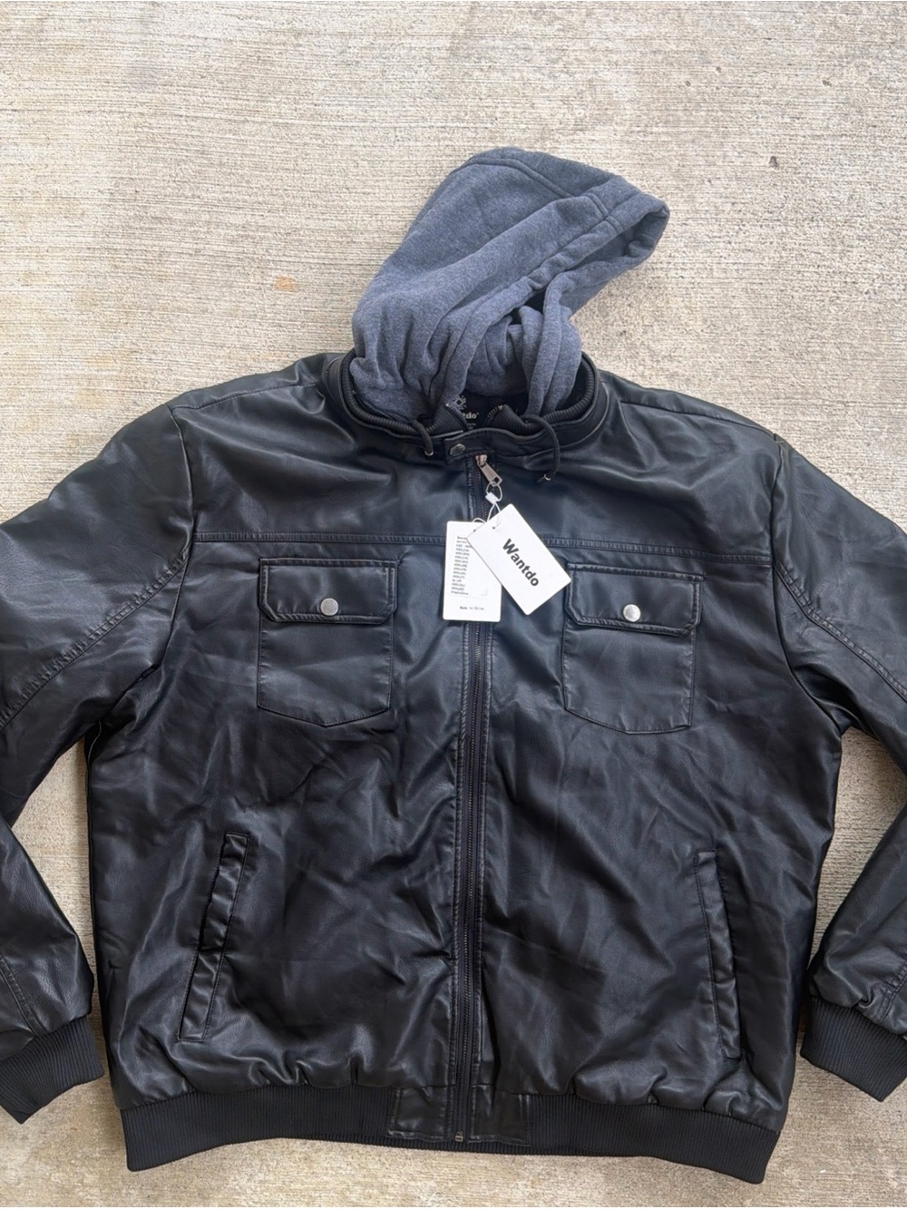 NWT Wandto Men’s Faux Leather Black Jacket Hooded Size 3XL